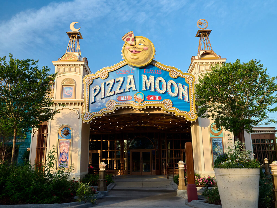 The exterior of Pizza Moon in Celestial Park at Epic Universe