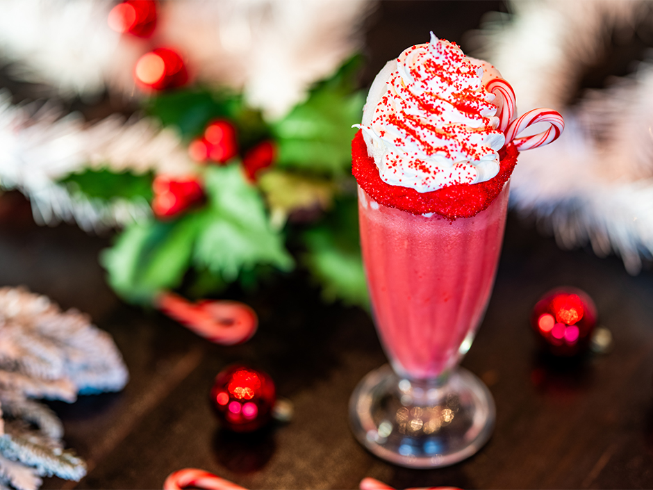 Red holiday themed milkshake at Toothsome Chocolate Emporium.