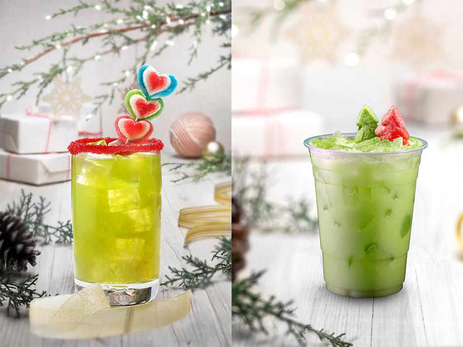Two festive green and red non-alcoholic beverages, available during the holidays at Universal Studios Hollywood. 