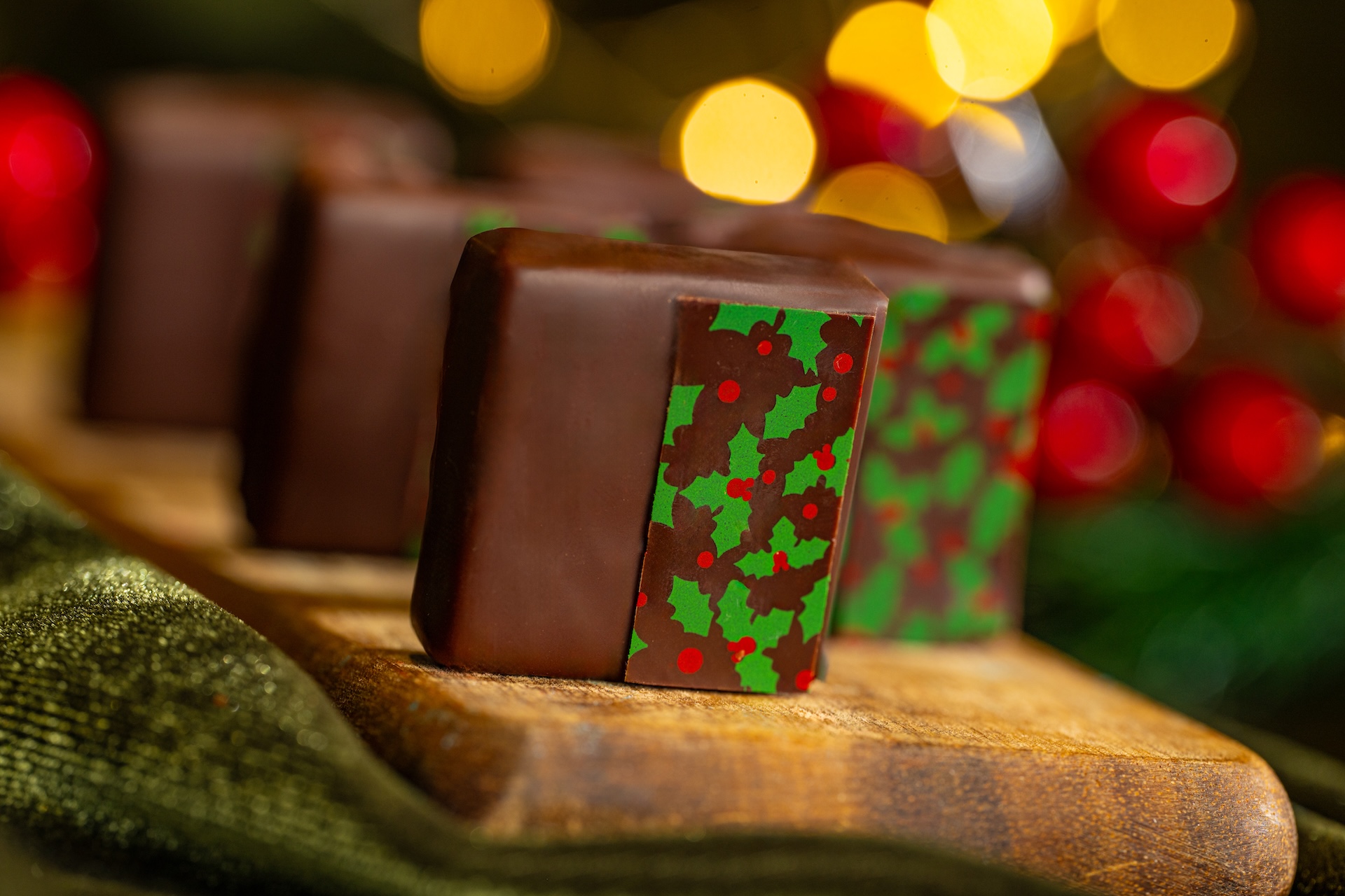 Eggnog Ganache Square: Eggnog ganache covered in dark chocolate 