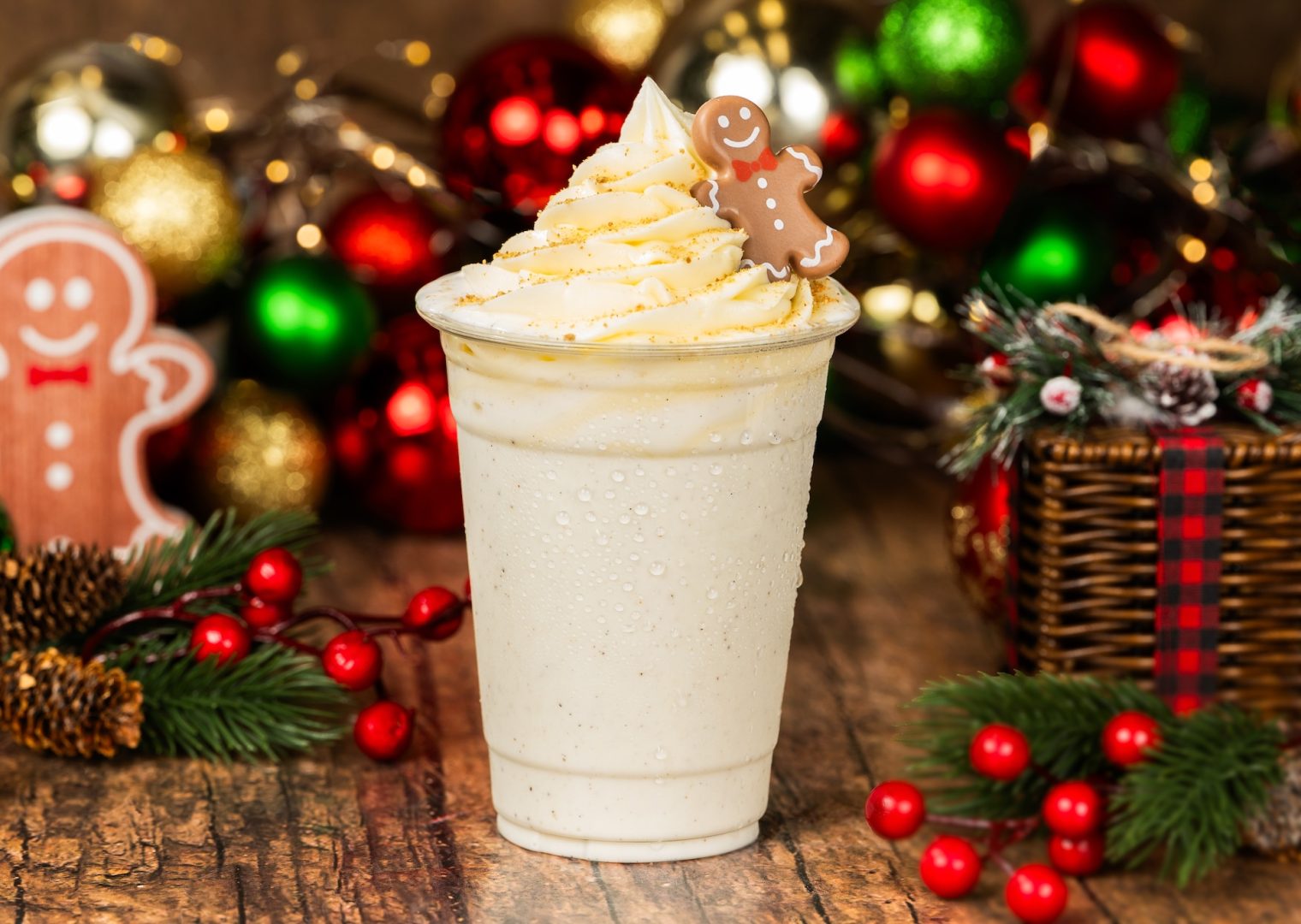 Gingerbread Milk Shake: Vanilla ice cream, gingerbread syrup, and ginger snap crumbs topped with whipped cream and a chocolate gingerbread man 