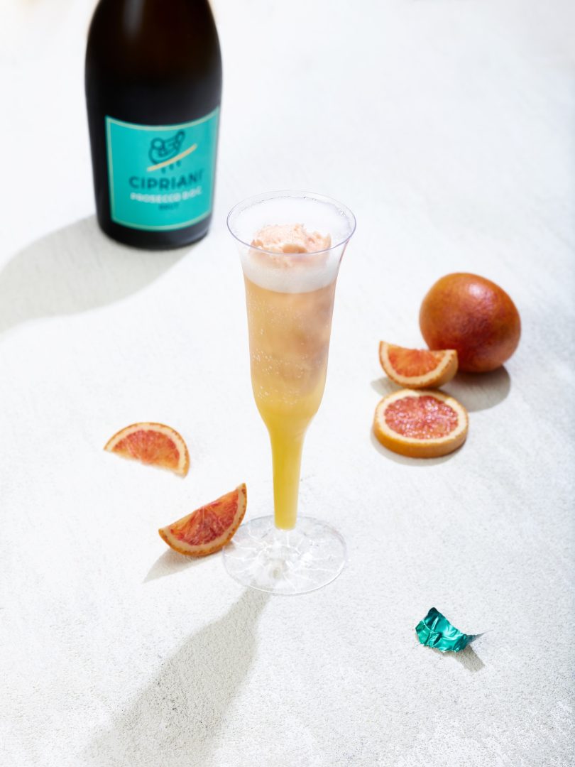 Blood Orange Mimosa: Blood orange sorbetto, orange juice, and Prosecco (New) 