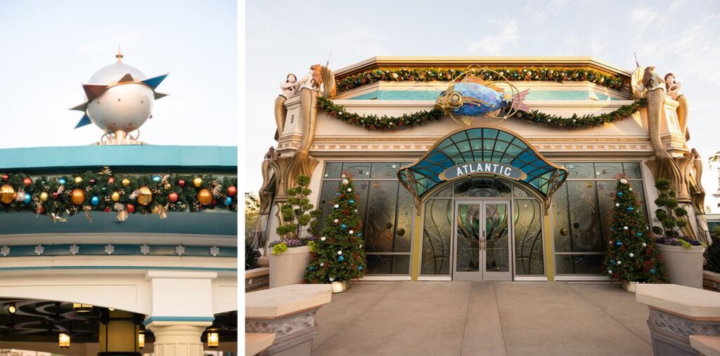 Holiday garland and decor on the roof and front entrance of Atlantic in Celestial Park