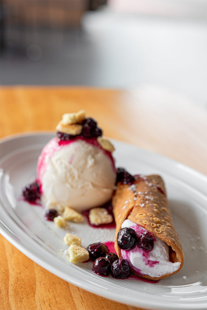 A plate of the Blueberry Ricotta Cannoli at VIVO in Universal CityWalk for Veterans and Military Families Appreciation Month.